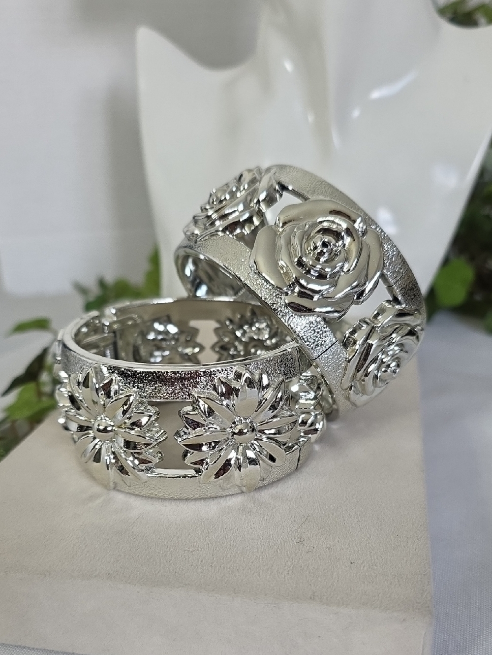 3D Molded Floral Hinged Bangles Silver Metallic Finish Rose & Sunflower Bracelet